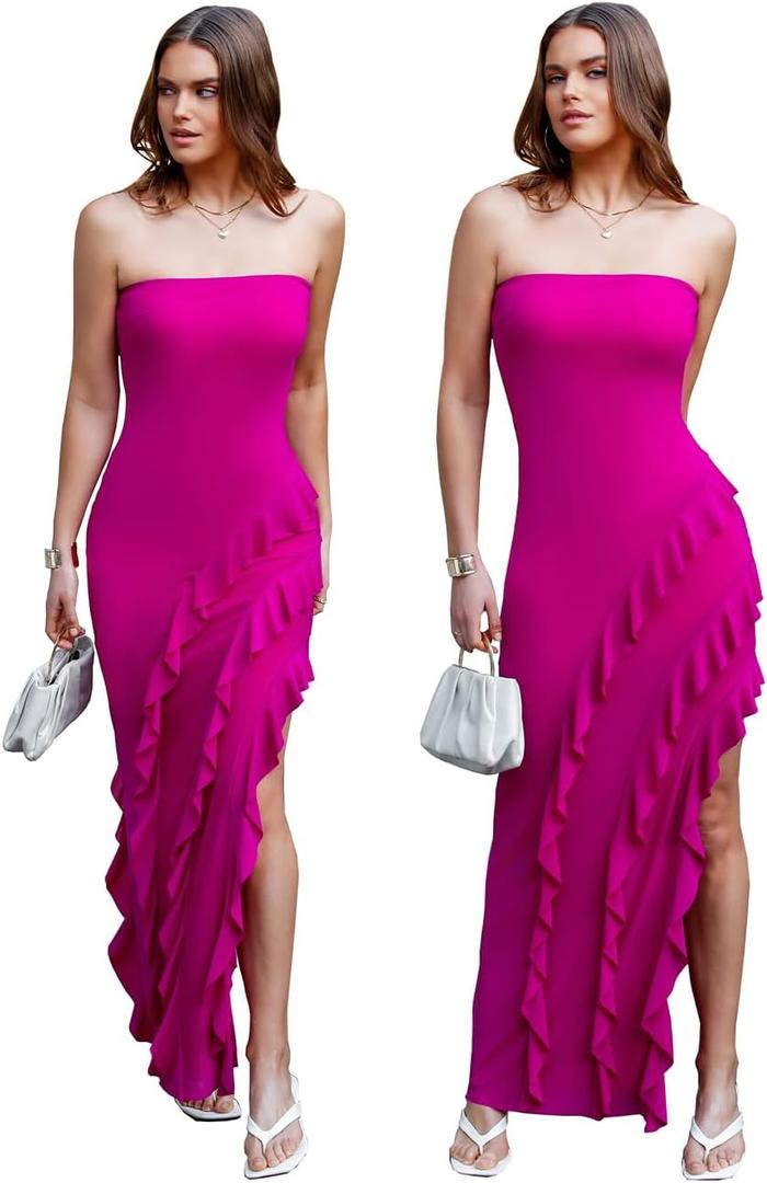 Capuffy Womens Tube Strapless Maxi Dress Irregular Ruffles Hem Cocktail Dress Off Shoulder Tassel High Slit Evening Gown 312 (Rose Red) XS