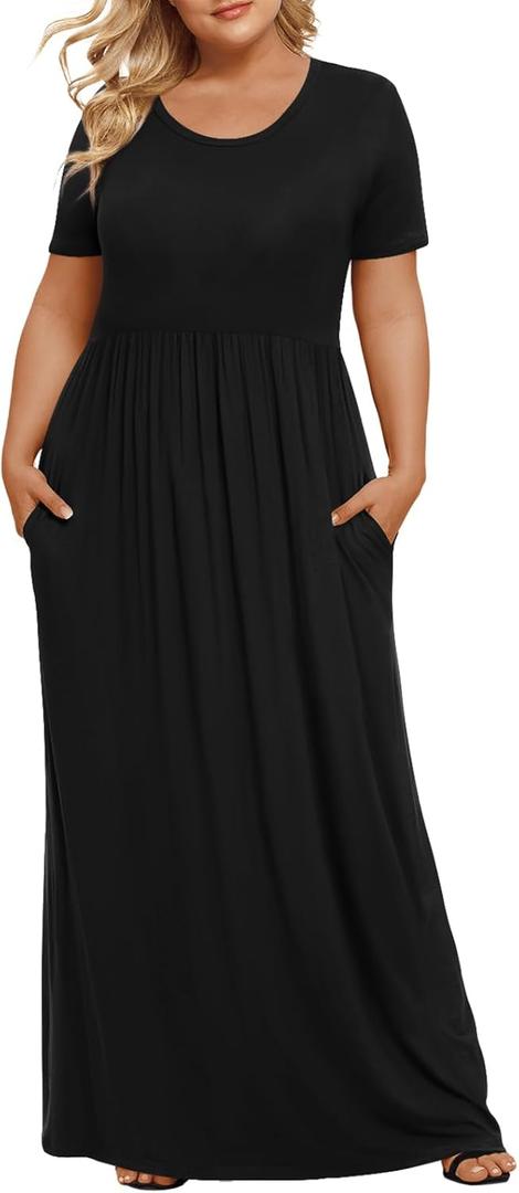 LONGYUAN Women's Plus Size Maxi Dresses for Curvy Women Summer Short Sleeve Casual 2026 Long Dress XL-6XL (Black, XXXL)