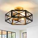 Modern Flush Mount Ceiling Light, 3-Light Black Gold Hallway Light Fixtures Ceiling Mount, Industrial Close to Ceiling Light with Metal Hexagon Cage Ceiling Lamp for Kitchen, Bedroom, Bathroom