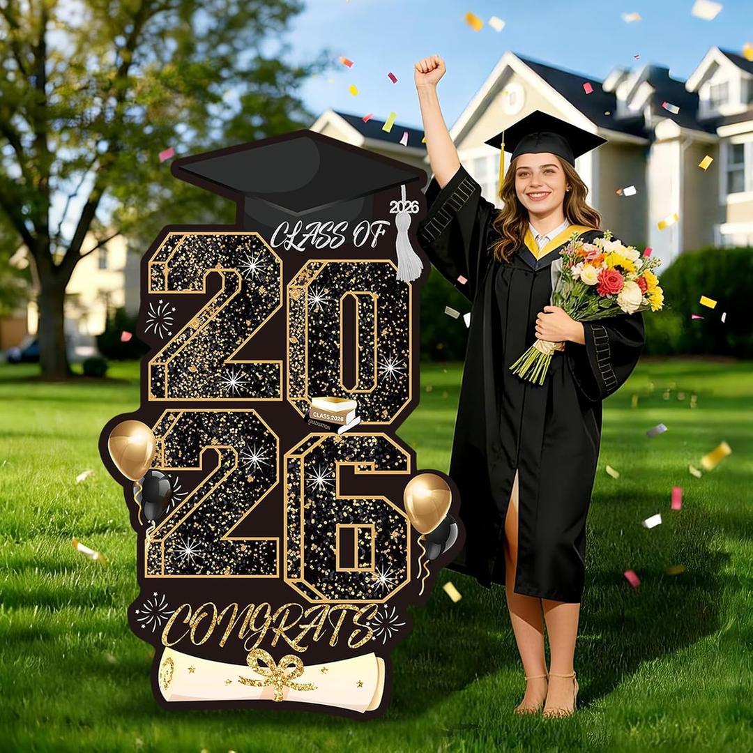 2026 Graduation Yard Sign, 47.2 Inch Black & Gold Grad Lawn Sign with Metal Stand, Outdoor Graduation Decorations for High School College, Congrats Grad Party Supplies