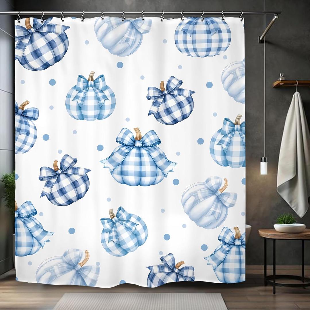 Blue Plaid Pumpkin Shower Curtain 60Wx72L Inch Autumn Fall Farmhouse Rustic Polka Dot Bathroom Set Accessories Decor with 12 Pack Hooks