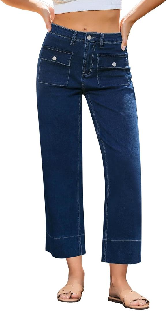 GRAPENT Wide Leg Jeans for Women Trendy High Waisted Straight Leg Cropped Stretchy Denim Pants with Retro Patch Pockets (Large, Nightfall Blue)