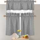 Mini Gingham Check 3 Piece Kitchen Curtain Set, 2 Tiers 26x36 Inch & 1 Valance 54x18 Inch, 100% Cotton, Semi Sheer, Rod Pocket Short Curtains for Farmhouse, Cafe, Bedroom, Grey White