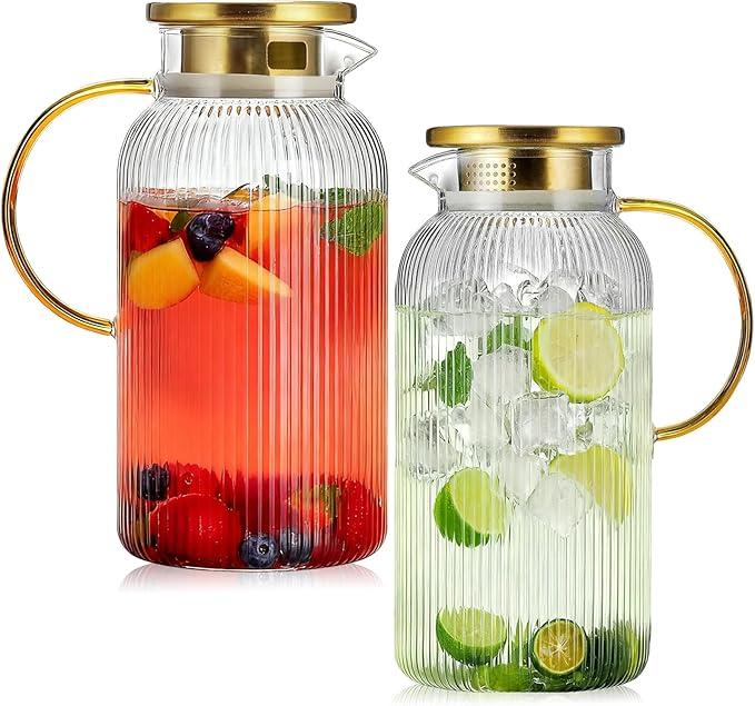 2 Pack Glass Pitcher with Lid, 68 oz/2 Liter Vertical Stripe Round Pitcher with Handle, Heat Resistant, Suitable for Refrigerator Storage, Iced Tea, Coffee, Lemonade, Juice, and Beverage Container