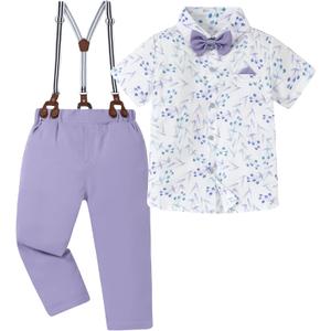 DISAUR Boys Suits 3 Pieces Formal Dress Shirt with Bowtie+Suspender Pants Boy Gentleman Outfits Set 4-8 Years (Lavender Purple)