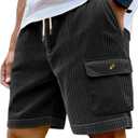 Mens Cargo Shorts Casual Drawstring Elastic Waist Corduroy Summer Beach Shorts with Pockets (Black, S)