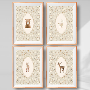 Bunny Nursery Print Set, Duck Nursery Print, Bear Deer Woodland Nursery, Neutral Nursery Decor, Vintage Nursery Decor, Cottagecore Nursery,  23.5x15.5 Inches