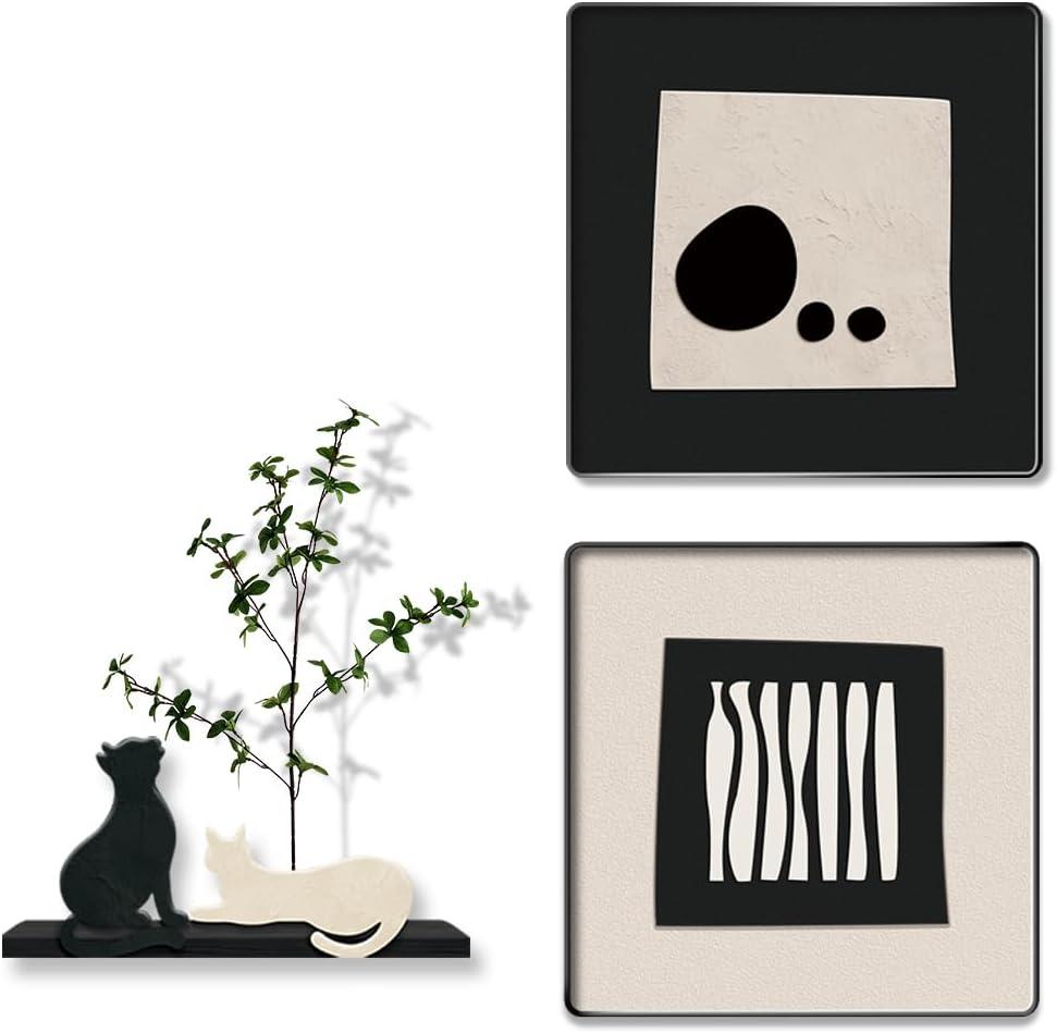 3-piece Bohemian gallery wall decoration set, 2 high-definition crystal porcelain frame abstract prints+wooden cat sculptures+artificial green plants, soft black border frame, minimalist wall art for living room and bedroom entrances, 15.75"x15.75"