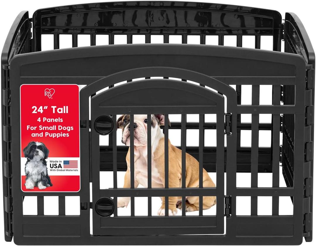 IRIS USA 24" Dog Playpen 4-Panel Pet Exercise Pen with Door Gate 35 x 35 x 24 Puppy Play Pen Indoor Outdoor Plastic Foldable Portable Pet Fence for Small Medium Dogs Puppies Multiple Pets Black