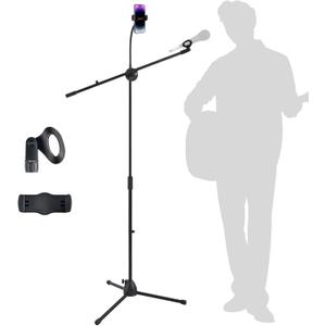 Microphone Floor Stand, Mic Stand Floor with Phone Holder Height Adjustable, Tripod Stable Stand with Boom Arm Dual Device Mount for Streaming, Podcasting, Recording, and Live Performances