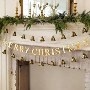 Moxweyeni 55 Inches Metal Merry Christmas Banner Rust Bell Brass Finish Hanging String Garland Metal Vintage Xmas Banner for Christmas Tree Home Office Wall Fireplace and Wall Door Decorations
