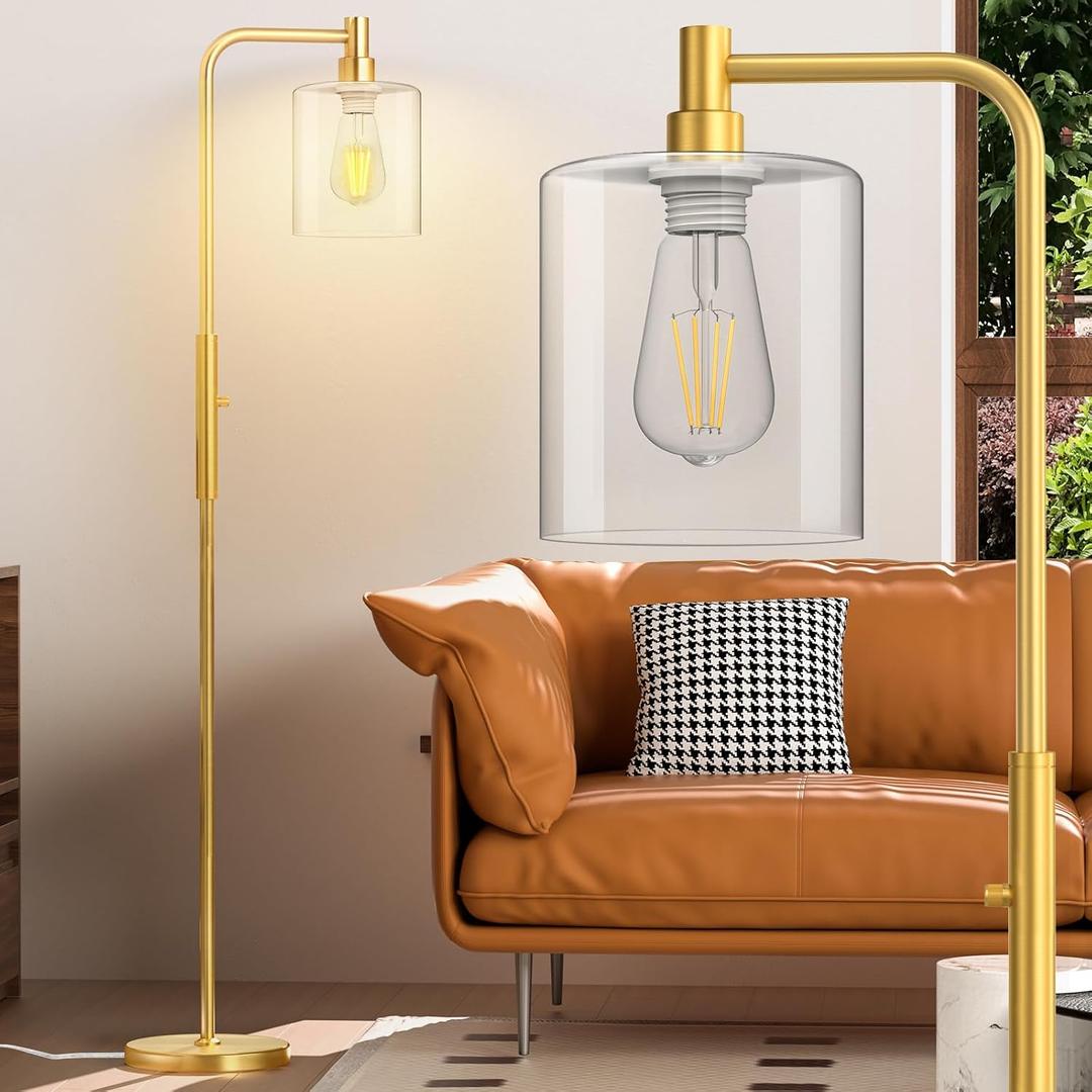 Stepless Dimmable Floor Lamps with Glass Lampshade Modern Standing Lamps with 6W LED Bulb Bright Corner Lamp Tall Pole Lamps for Living Room Bedroom Office Study Room Farmhouse, Gold