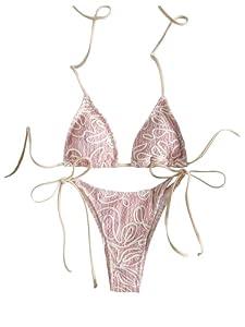 RoseSeek Women's 2 Piece Floral Bikini Sets Halter Triangle Bathing Suits Thongs Swimsuits Cheeky Swimwear Beach Outfits Pink Small
