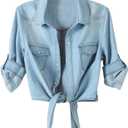 American Trends Women's Denim Shirt 3/4 Sleeve Tie Front Top Knot Chambray Cardigan Button Shirt Jean Crop Top Jacket (X-Large, Light Blue)