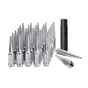 DYNOFIT 14mmx1.5 Spike Lug Nuts, 32PCS Chrome M14x1.5 Lug Nut, 4.4 inch Tall Closed End Nuts with 1 Socket Key Compatible with Chevy Silverado 1500 GMC Sierra 2500 3500,F250 F350 2003-2016