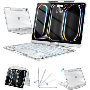Wireless Keyboard Case for iPad Pro 13" (M5/M4, 2025/2024), Transparent Protective Cover with 7-Color Backlit Keyboard, 360 Rotating Stand, Multi-Touch Trackpad and Pencil Holder, White