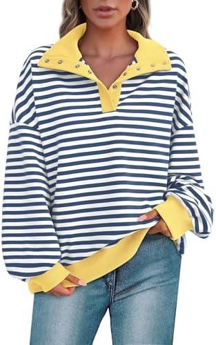 PRETTYGARDEN Women's Oversized Striped Sweatshirts Spring Fall Trendy Casual Long Sleeve Button Up Tops Shirt Preppy Clothes, No Size Mark