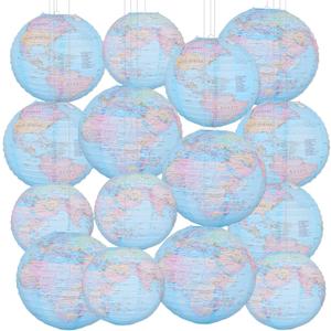 15Pcs Around The World Paper Lantern Hanging Decorations Travel Map Globe Theme Decor for Earth Day Classroom Birthday Party Supplies