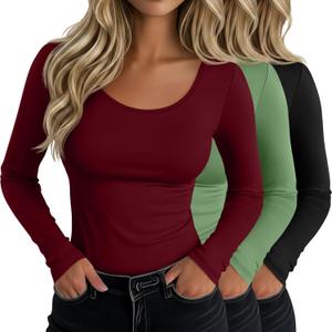 Neer 3 Pack Women's Scoop Neck Long Sleeve T-Shirts Slim Fitted Underscrubs Tops Stretchy Tight Casual Basic Layer Shirts (Medium, Wine Red, Black, Grass Green)