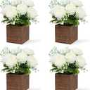 Dining Table Centerpiece Set of 4 - Artificial Peony Flowers with Wooden Vase - Boho Fake Rose Bouquets Small Faux Silk Floral Arrangement for Wedding Party Bathroom Home Décor, White
