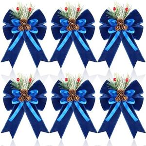 Syhood 6 Pcs Christmas Bows with Pine Cones Pine Needles Xmas Blue Velvet Bows Blue Velvet Ribbon Christmas Tree Wreath Decoration for Xmas Parties Indoor Outdoor Crafts DIY Decor