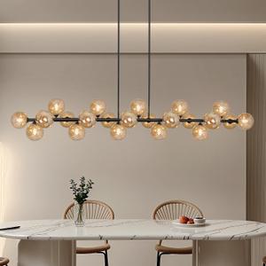 Modern Linear Chandelier 70" Dining Room Light Fixture Long Sputnik Chandelier with Amber Swirled Globe 22 Lights Large Kitchen Island Pendant Light for Living Room, Farmhouse