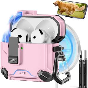 Pohgelan Compatible with AirPods 4 Case,Magnetic Automatic Lock with Phone Stand & Cleaning Kit,Compatible with Magsafe Cover -Pink