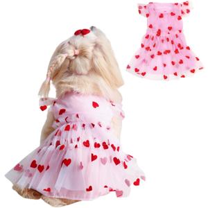 Cute Dog Dress Pink Tulle Puppy Dress with Heart Patches Pet Clothes for Small Dogs Cats, S