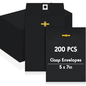 Geyee 200 Pcs 5 x 7" Clasp Manilla Envelopes Gummed Clasp Closure 28 lb Kraft Paper Envelopes for Storing or Mailing Home Business Office (Black)