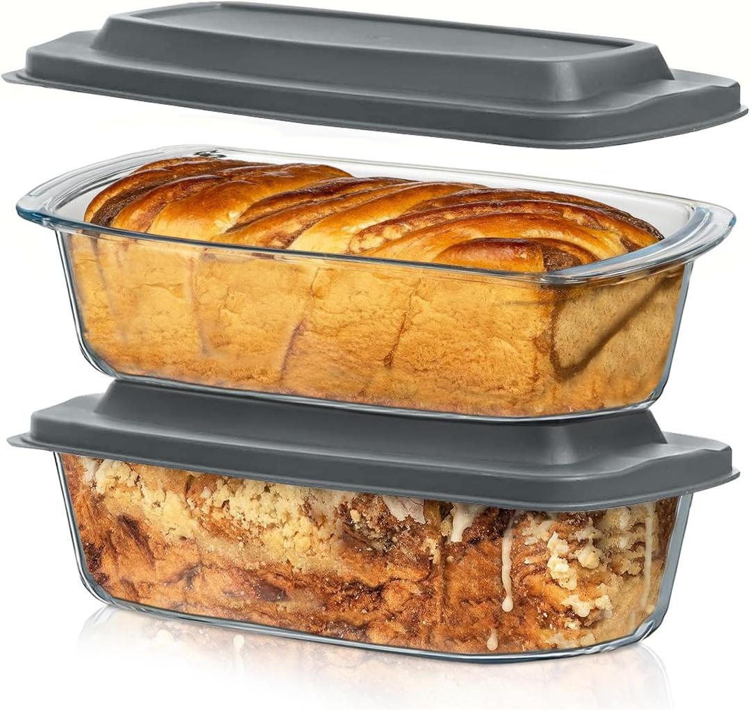 Razab LARGE 7.6 Cups/1800 ML/1.9 Qt Glass Loaf Pan with Lids (Set of 2) - Meatloaf Pan BPA free Airtight Lids Grip Handle Easy Carry, Microwave and Oven Safe - Loaf Pans For Baking Bread, Cakes, Set of 02