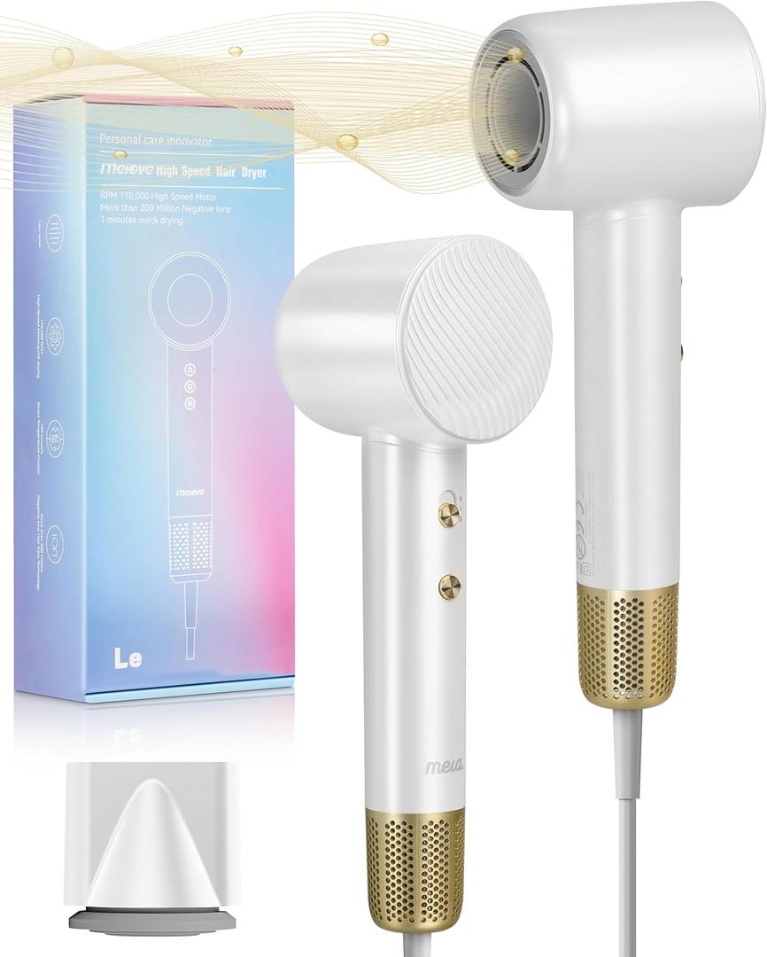 Ionic Hair Dryer - Mera M3, Professional Frizz-Fighting Blow Dryer, 5-Minute Fast Drying, Quiet Lightweight Travel Hairdryer with Snap-On Concentrator for Women (White)