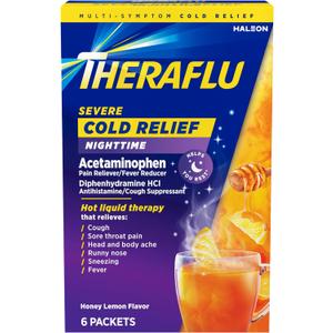 TheraFlu Nighttime Severe Cold Relief Honey Lemon Flavor Powder - 6 Ct, BB 2028/APR