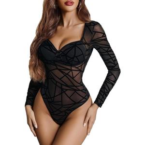Avidlove Mesh Bodysuits for Women Long Sleeve Body Suits Leopard Print Going Out Tops Sheer Rave Outfits with Snap Crotch, XXLarge