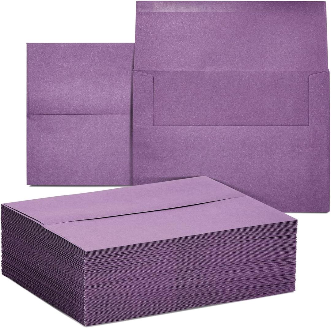 100 Pack 5x7 Invitation Envelopes, A7 Gummed Seal Square-Flap Invite Envelope for Wedding, Holiday, Birthday, Baby Shower - Purple - 120 GSM - 5.25 x 7.25 inch