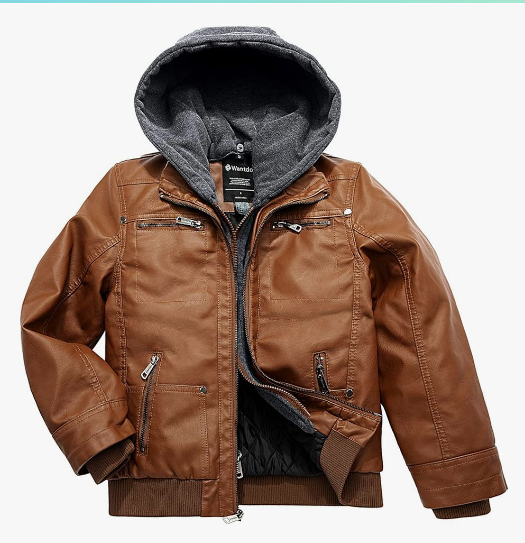 Wantdo Boy's Faux Leather Jacket Zipper Up Hoodie Zipper Coat with Removable Hood M
