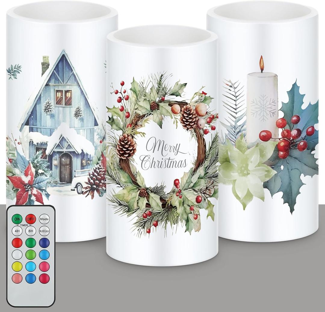 Retisee 3 Pcs Farmhouse Christmas Flameless Candles with Remote Rustic Christmas Battery Operated LED Candles Farmhouse Xmas Decor for Rustic Xmas Holiday Dining Table Bedroom Living Room