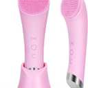 PRITECH Facial Cleansing Brush, Rechargeable Silicone Face Scrubber with Heat Massage End, Vibrating Exfoliator Scrubber for Deep Cleaning, Waterproof Face Brush for Women and Men (Pink)