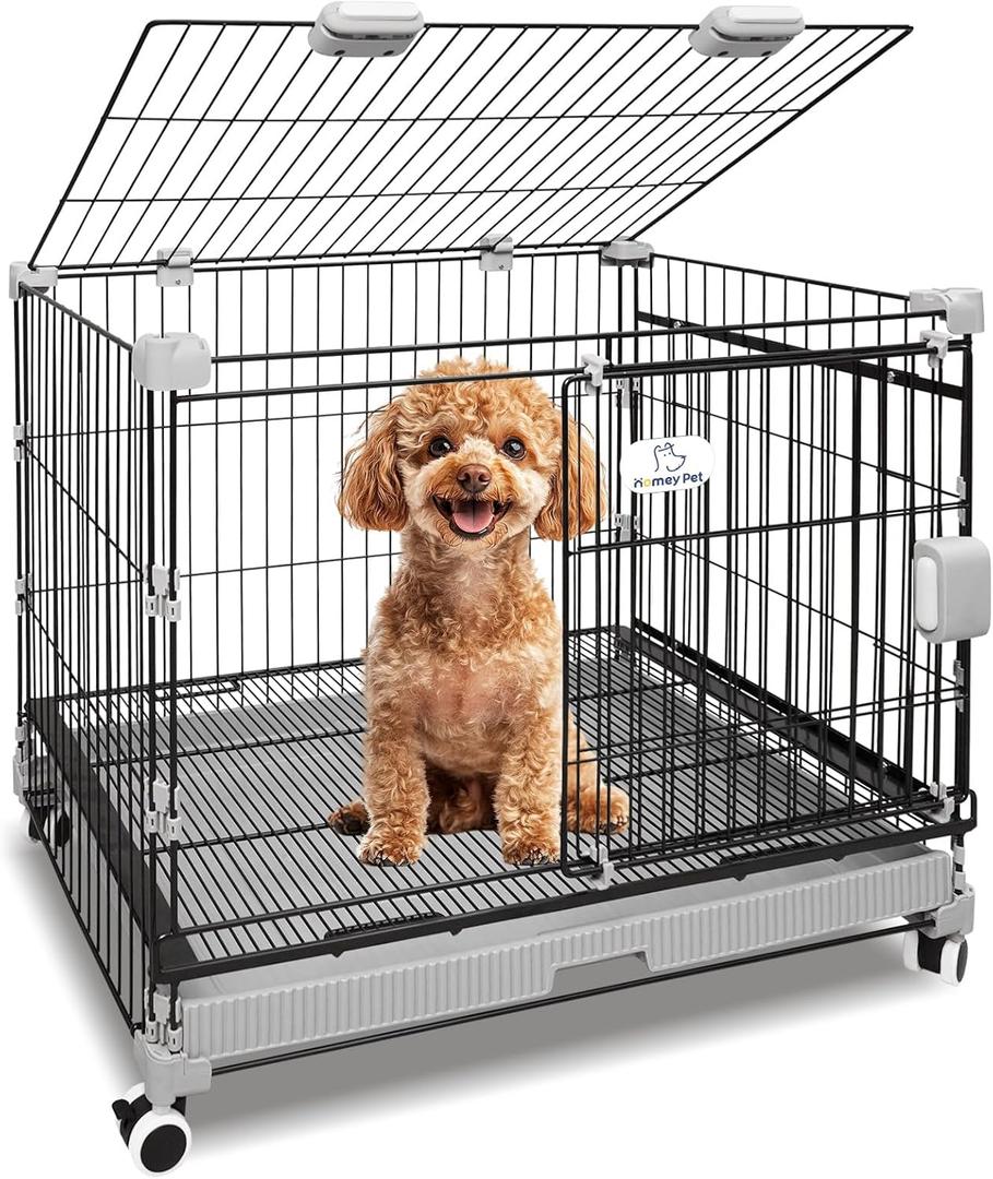 Homey Pet 30 Inch Wire Dog Crate for Small Dogs with Lockable Wheels, Black
