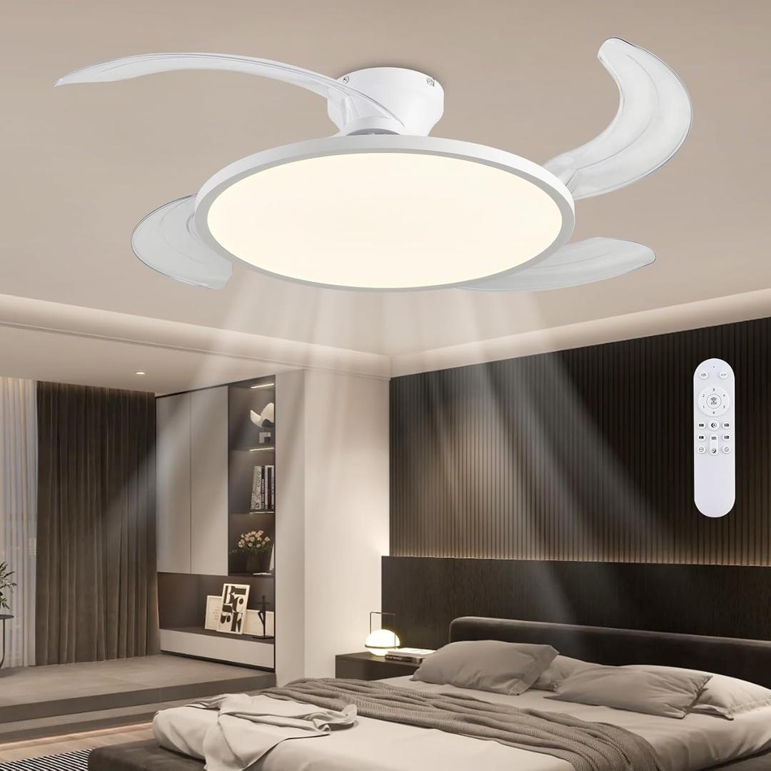 Retractable Ceiling Fan with Lights,42 Inch Low Profile Ceiling Fan with Remote Control,Retractable Blades,Dimmable Full Spectrum,Modern Fandelier for Bedroom Living Room Dinning Room,White