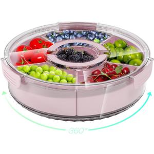 Divided Serving Tray with Lid and Handle, Large Snack Spinner, Snackle Box Container, Multi-Purpose Food Platter for Charcuterie Veggie Fruit, Taco Tuesday Movie Night Travel Beach Picnic Essentials (12" W-1pcs-6 Compartments, Pink)
