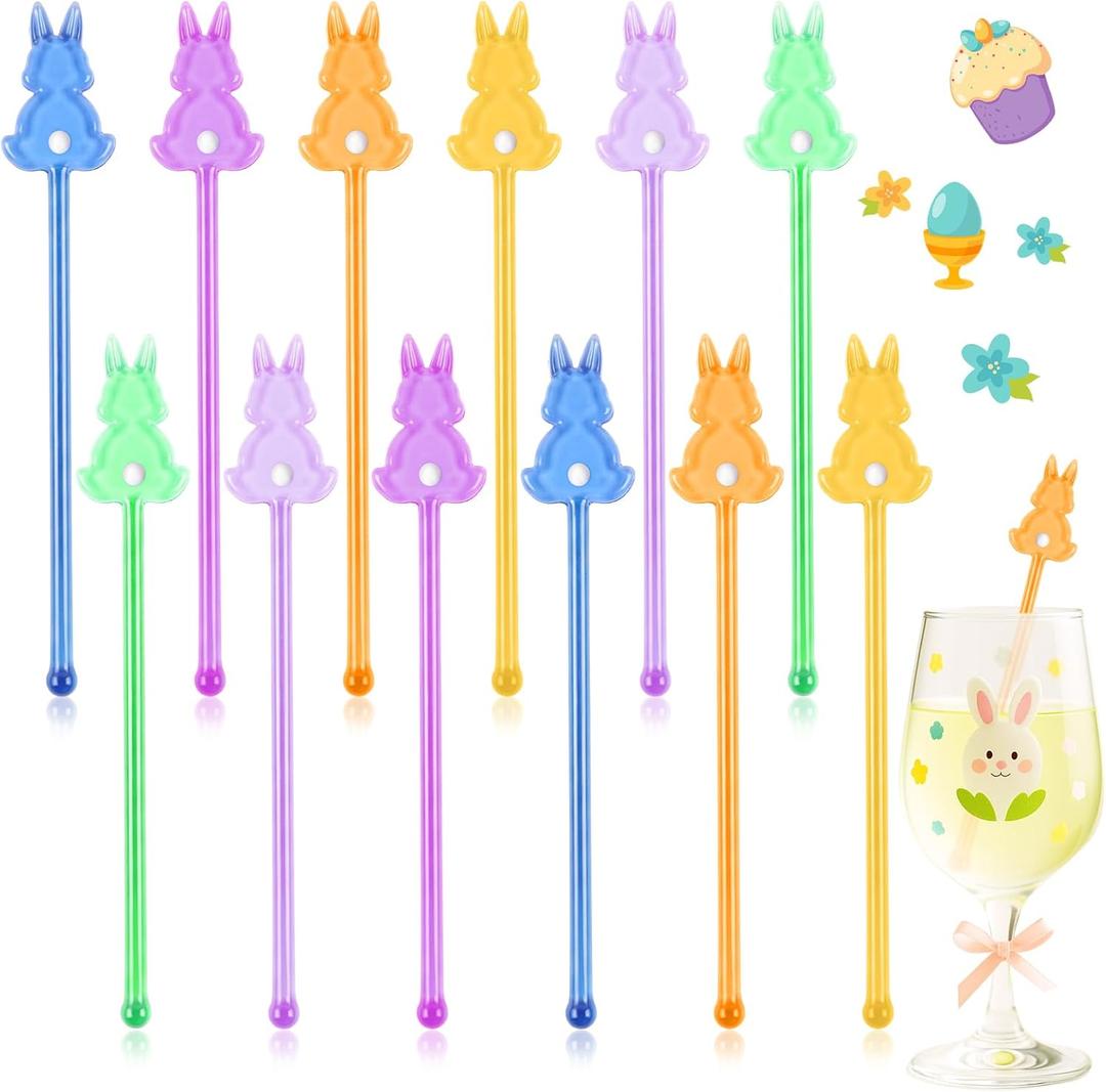 Qinyoung 12 Pcs Easter Glass Drink Stirrers 7 Inch Swizzle Sticks for Cocktails Coffee Reusable Rabbit Beverage Stir Sticks for Easter Party Coffee Bar Kitchen Bar Weddings