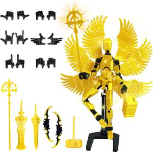 T13 Angel Action Figure Gold, Titan 13 Robot Action Figure Set, Alreday Assembled Dummy 13, Lucky 13 Action Figure with Big Wings, 3D Printed Robot 13 Action Figure, Gift for Collector Kids Teens (Yellow)