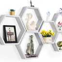 NORCEESAN Hexagon Floating Shelves Set of 6 Honeycomb Shelves Wooden Farmhouse Hexagonal Shelf for Wall Decor Hanging Shelves Honeycomb Storage Shelf for Bedroom Living Room Nursery, Grey-White