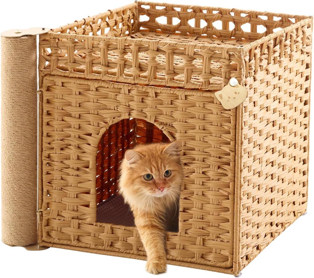 Stylish Cat Litter Box Enclosure with Scratching Post – Handwoven Rattan Cat House, Hidden Litter Mat & Fence, 20.5×18.5×19.1 in, Indoor & Outdoor Use