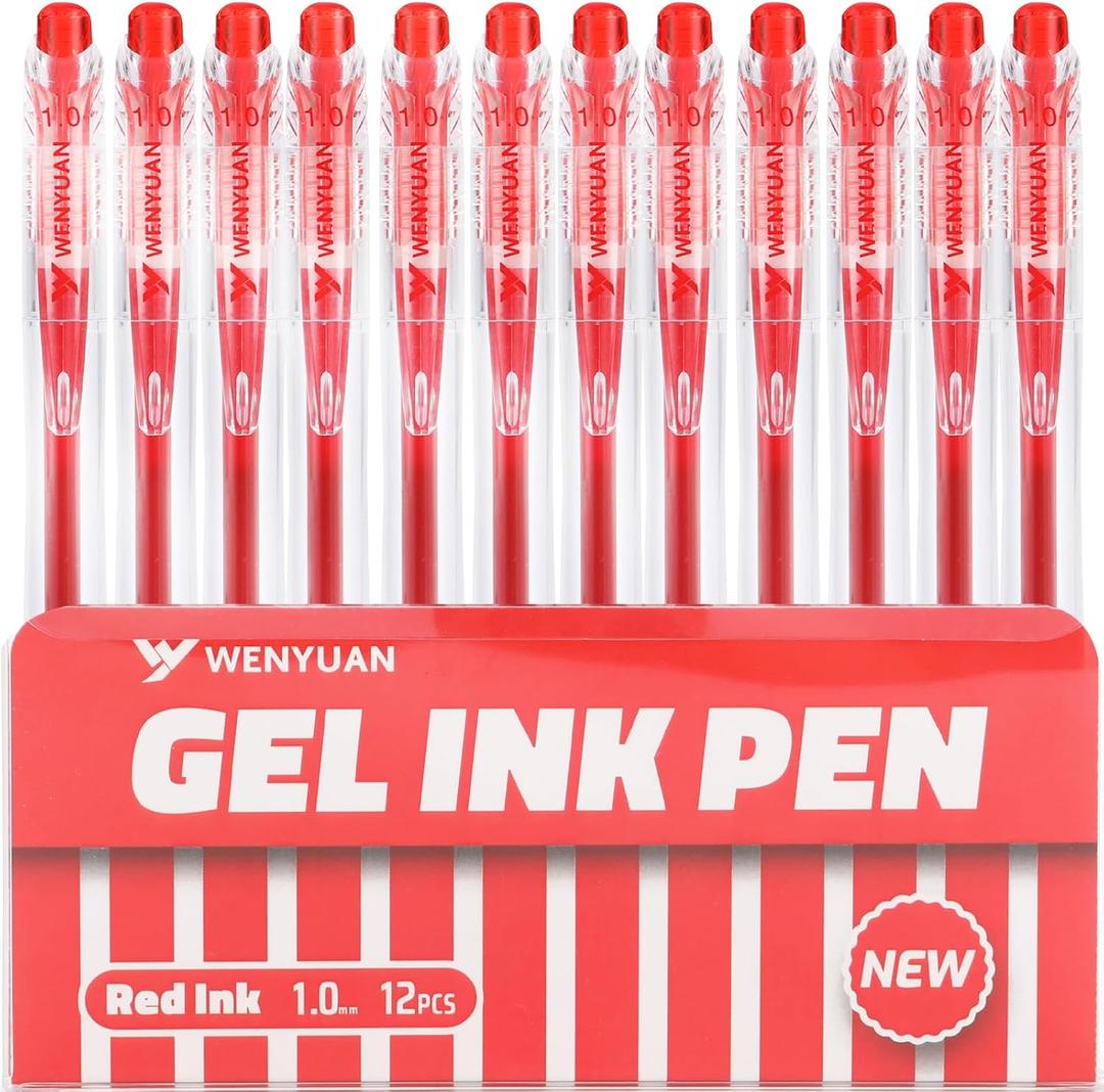 2 x WY WENYUAN 12 Pcs Red Gel Pens, 1.0mm Bold Point Quick Drying Gel Ink Pens, Retractable Ballpoint Pens for Smooth Writing, Ideal for School, Office, Journaling, Note Taking and Correction