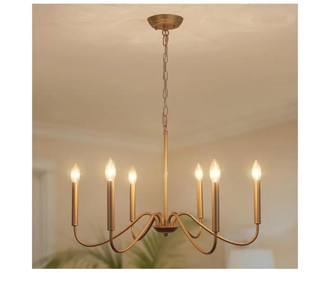 Generies Antique Spray Gold Farmhouse Chandelier, 6 Light Rustic Dining Room Light Fixtures, Modern Industrial Chandeliers Candle Ceiling Light for Bedroom Foyer Living Room Kitchen Island Entryway