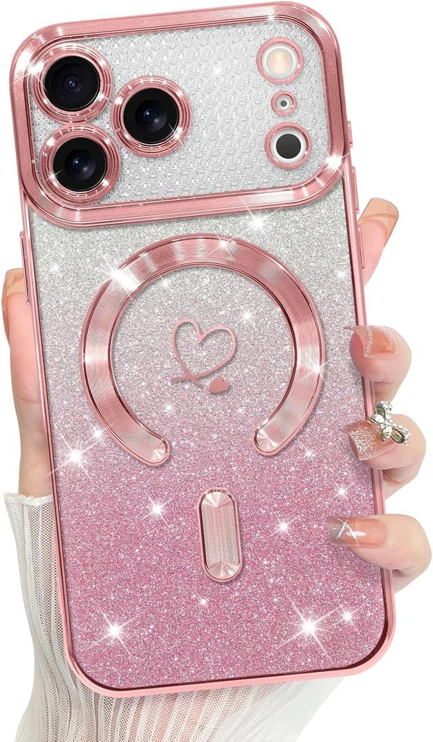 Bonoma Compatible with iPhone 17 Pro Max Case 2025 Support for MagSafe, Plating Heart Glitter Magnetic Case TPU Camera Protection Back Cover for Phone Case -Pink