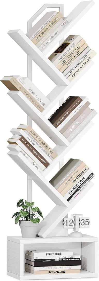 Casaottima 6-Tier Tree Bookshelf for Corner & Small Space  Narrow Steel & Wood Bookcase, Tall Floor Standing Book Organizer Shelf with Storage Cabinet, Home Decor for Living Room, Bedroom, White