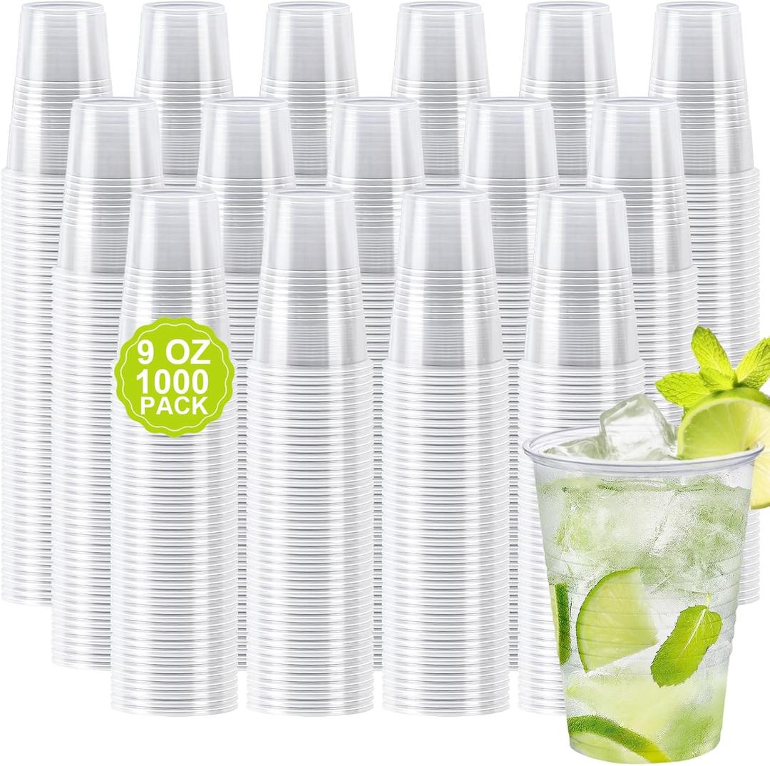 Clawsoff 1000 Pack 9 oz Clear Plastic Cups, Small Plastic Cup Bulk, Clear Disposable Cocktail Cup, Cold Party Drinking Cups for Picnics, Ceremonies, Events