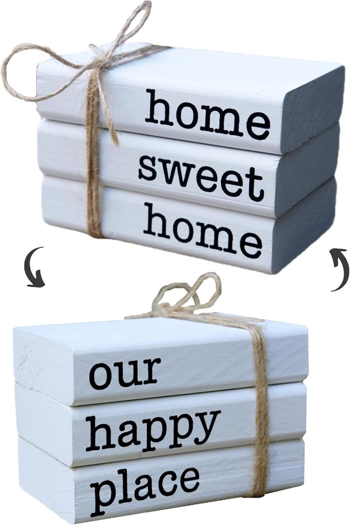 LIVDUCOT Farmhouse Mini White Decorative Books for Tiered Tray Decor - Wooden Book Stack Faux Books for Coffee Table Living Room Decoration - Small Shelf Decor Accent (home sweet home)